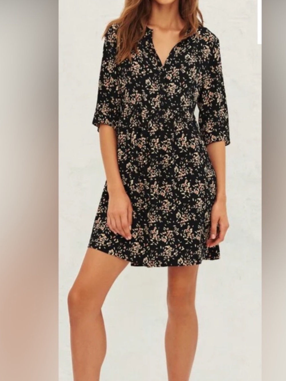 ba&sh Vlada Black Mini shift Dress with Pink Cream Floral Print Sz M